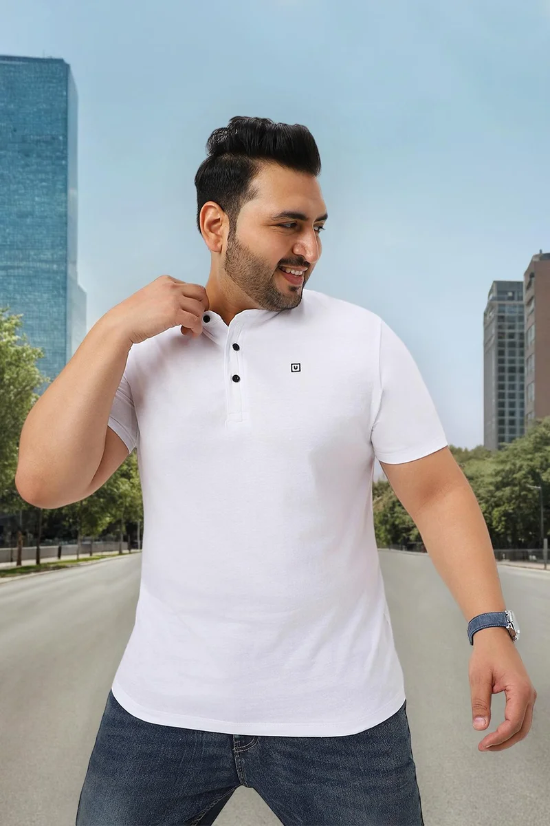 Urbano Fashion  Urbano Plus Men's White Solid Mandarin Collar Regular Fit Cotton T-Shirt for Men | Best Price UAE