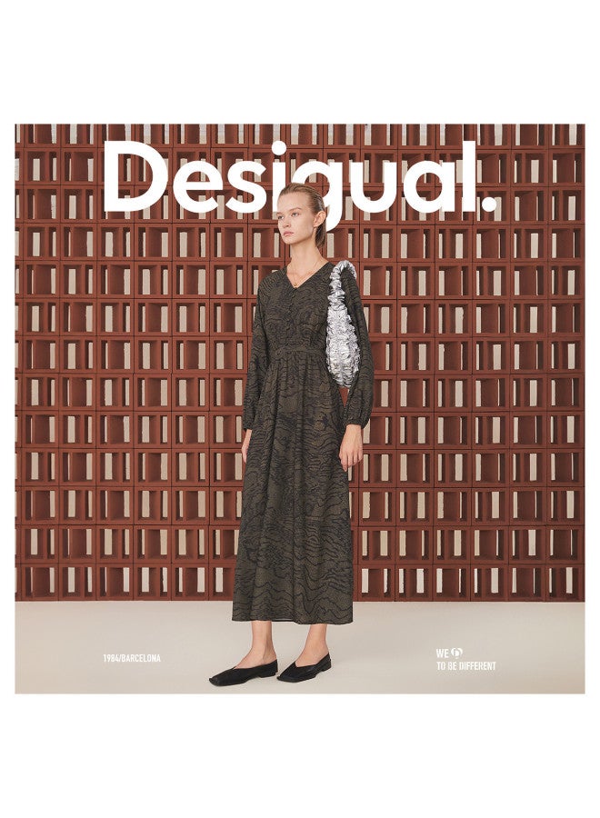 DESIGUAL waist-cinching Green Printed V-neck Long Sleeve Maxi Dress - Image 2