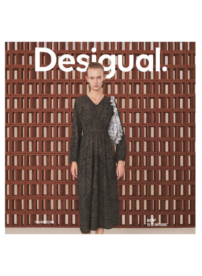 DESIGUAL waist-cinching Green Printed V-neck Long Sleeve Maxi Dress - Image 3