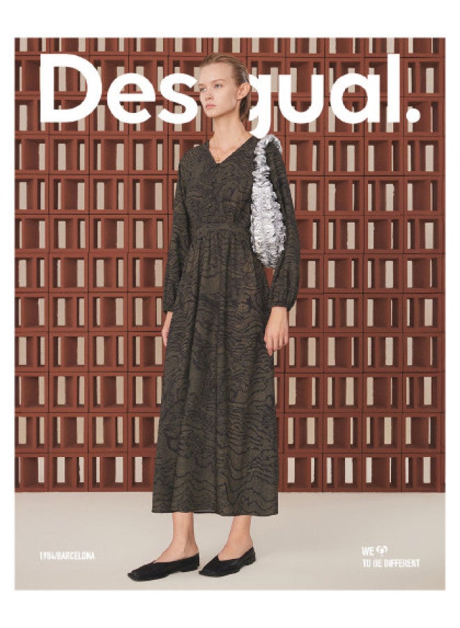 DESIGUAL waist-cinching Green Printed V-neck Long Sleeve Maxi Dress - Image 1