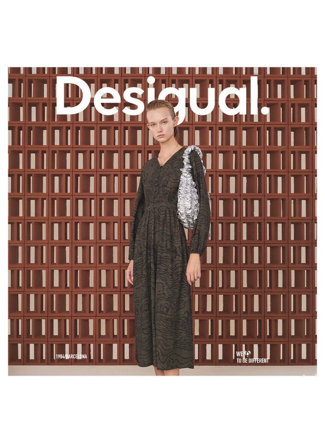 DESIGUAL waist-cinching Green Printed V-neck Long Sleeve Maxi Dress - Image 5