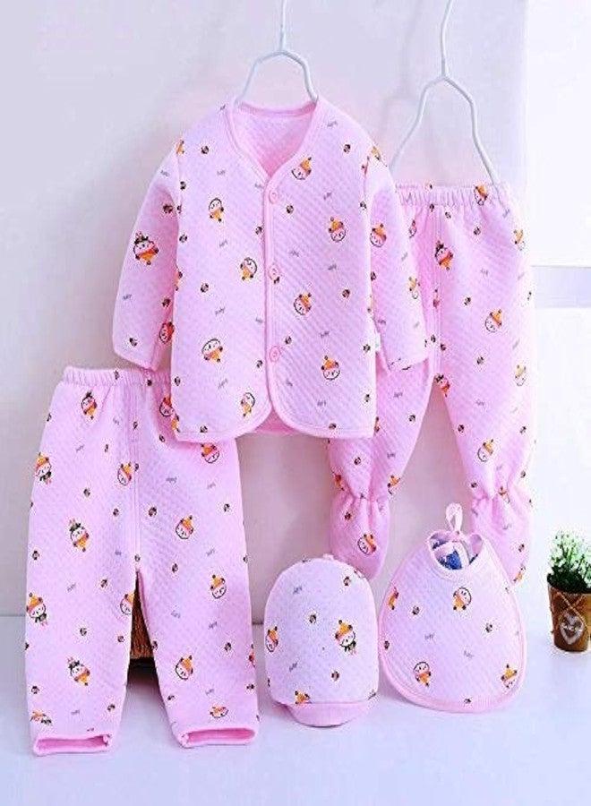 PIKIPOO Presents Born Baby Winter Wear Keep Warm Cartoon Printing Baby Clothes 5Pcs Sets Cotton Baby Boys Girls Unisex Baby Fleece/Falalen Suit Infant Clothes (Pink-2)