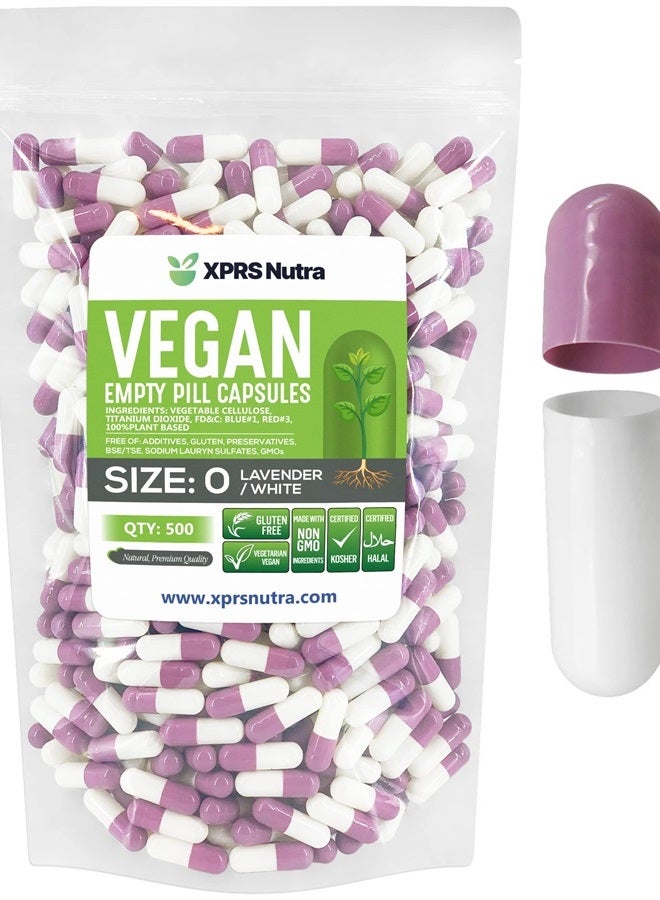 XPRS Nutra Size 0 Empty Capsules - 500 Count Empty Vegan Capsules - Vegetarian Empty Pill Capsules - DIY Vegetable Capsule Filling - Veggie Pill Capsules Empty Caps (Lavender/White) - Image 1