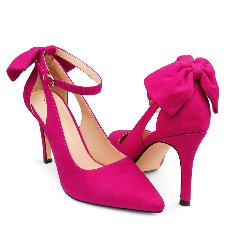 COLETER Womens Bow Knot High Heels Pointed Toe Stiletto Ankle Strap D'Orsay Pumps Bow Evening Dress Shoes Suede Hot Pink 8.5US - Image 1