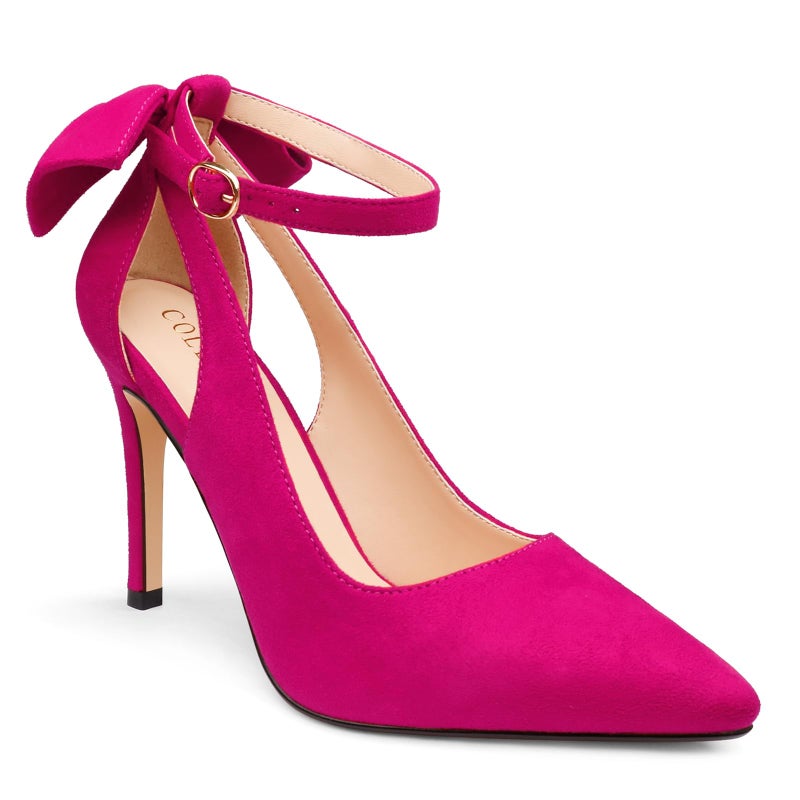 COLETER Womens Bow Knot High Heels Pointed Toe Stiletto Ankle Strap D'Orsay Pumps Bow Evening Dress Shoes Suede Hot Pink 8.5US - Image 4