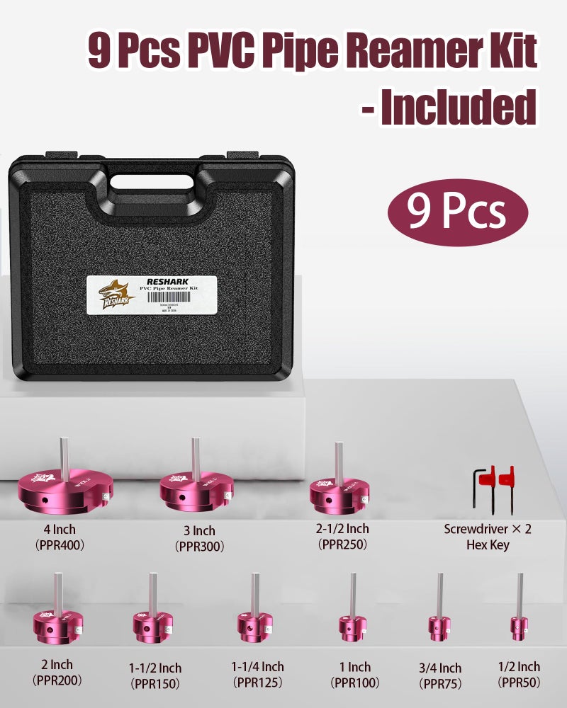RESHARK 9 Pcs PVC Pipe Reamer Kit, PVC Fitting Saver, Plastic Pipe Fitting Reamer Socket Saver Plumbing Tool Includes 1/2, 3/4, 1, 1 1/4, 1 1/2, 2, 2 1/2, 3, 4 inch for Schedule 40 Fits Standard 1/2" Drill - Image 2
