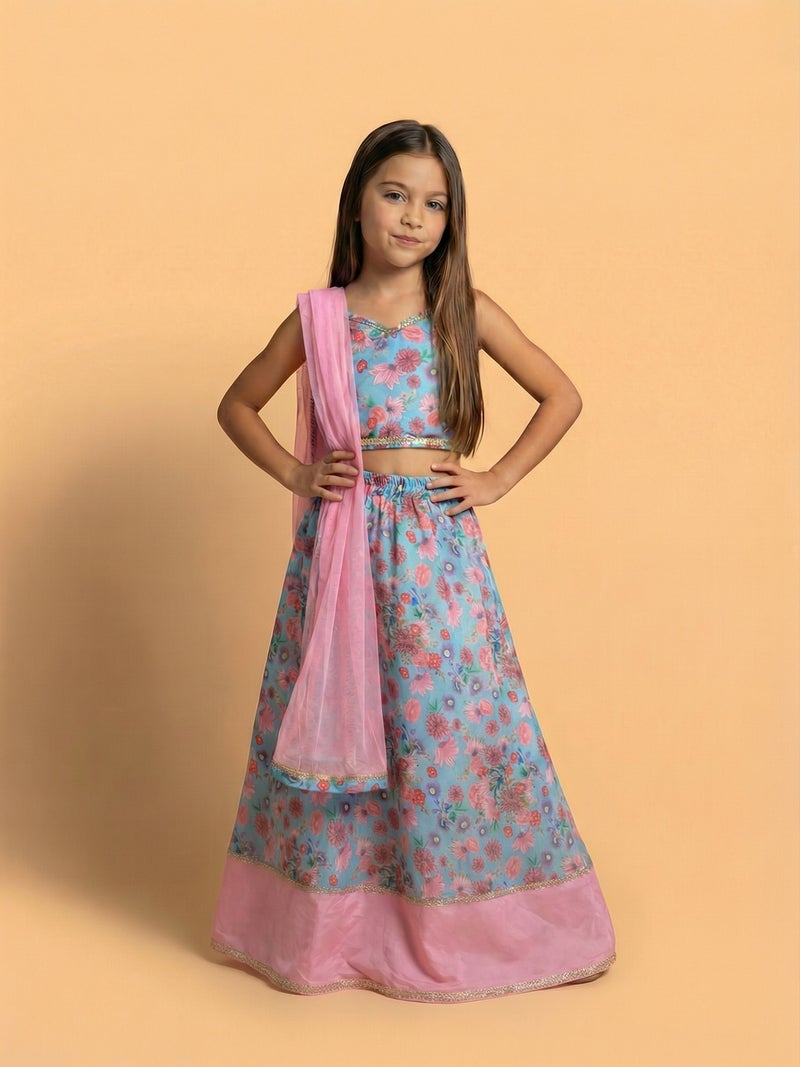 Nautinati Girls' Cotton Blend Woven Festive Floral Print Lehenga & Choli Set - Image 1