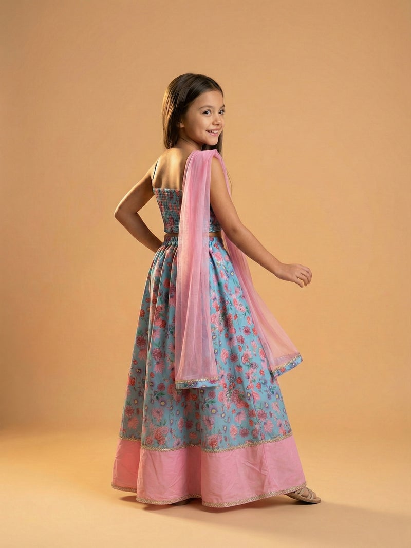 Nautinati Girls' Cotton Blend Woven Festive Floral Print Lehenga & Choli Set - Image 2