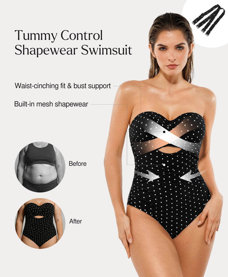 Popilush Swimsuit for Women Tummy Control - One Piece Bathing Suit with Removable Straps for Beach Black with Dots-XL - Image 2