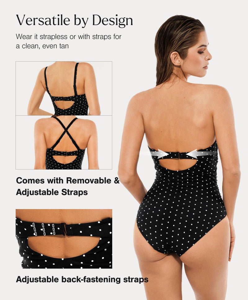 Popilush Swimsuit for Women Tummy Control - One Piece Bathing Suit with Removable Straps for Beach Black with Dots-XL - Image 4