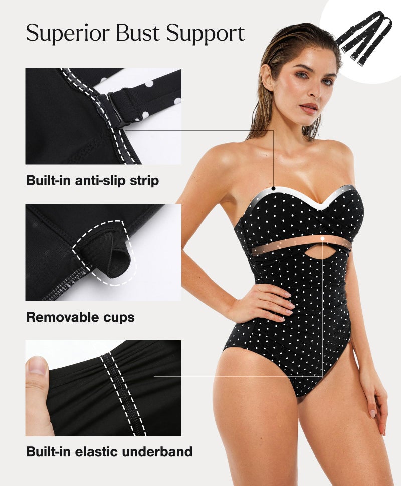 Popilush Swimsuit for Women Tummy Control - One Piece Bathing Suit with Removable Straps for Beach Black with Dots-XL - Image 3