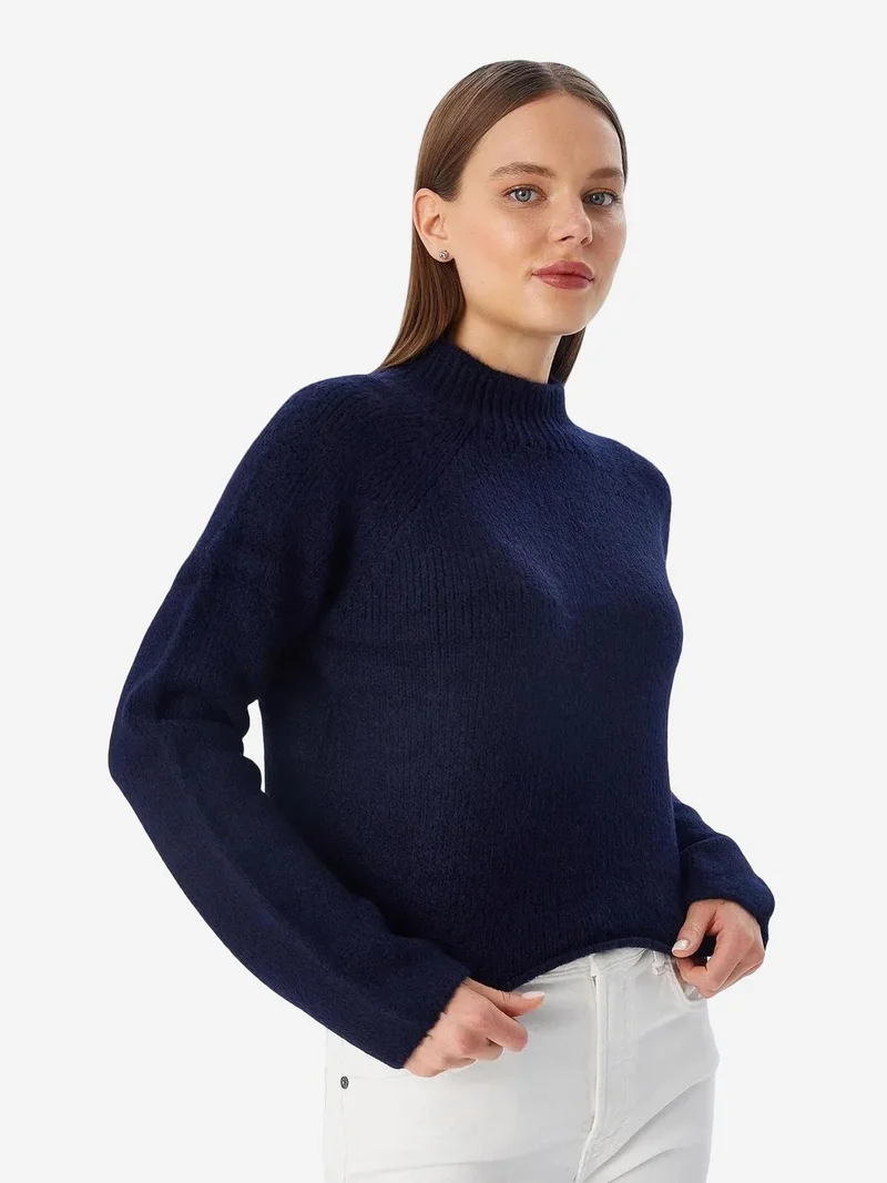 Mixray Navy Blue MIXRAY Women's Cropped Textured Knit Sweater for Women | Best Price UAE