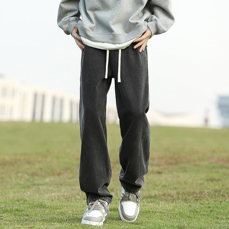 American Washed Dressed Jeans Men'S Autumn Fleece-Lined High Street Fashion Brand Retro Straight Loose Casual Pants For Boys - Image 5