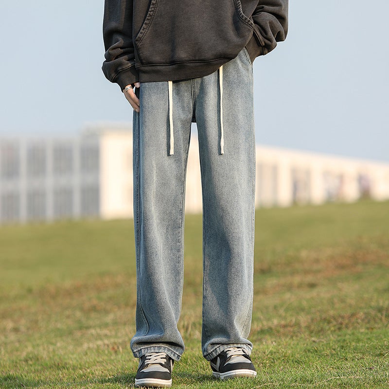 American Washed Dressed Jeans Men'S Autumn Fleece-Lined High Street Fashion Brand Retro Straight Loose Casual Pants For Boys - Image 4