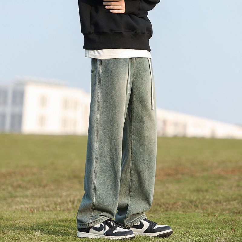 American Washed Dressed Jeans Men'S Autumn Fleece-Lined High Street Fashion Brand Retro Straight Loose Casual Pants For Boys - Image 1