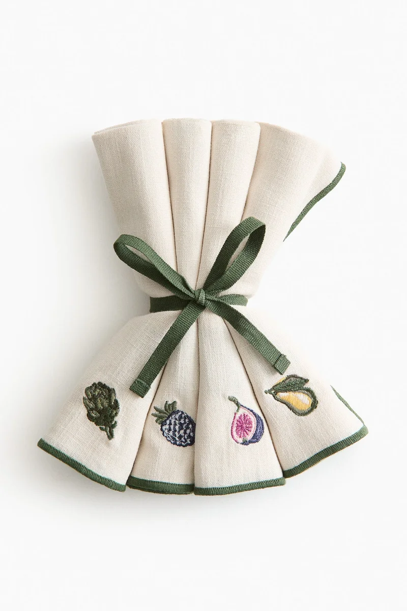 اتش اند ام مناديل مزخرفة من الكتان- عبوة 4 قطع