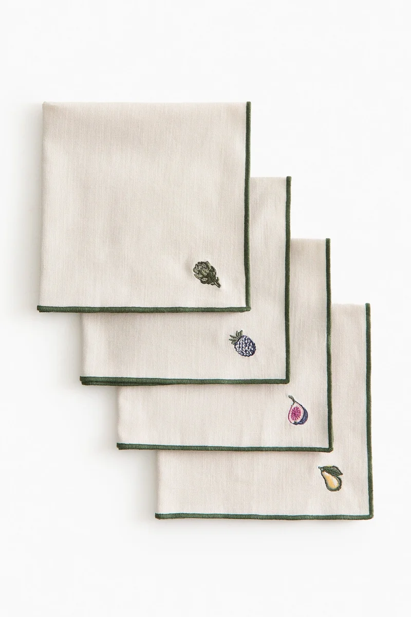 اتش اند ام مناديل مزخرفة من الكتان- عبوة 4 قطع