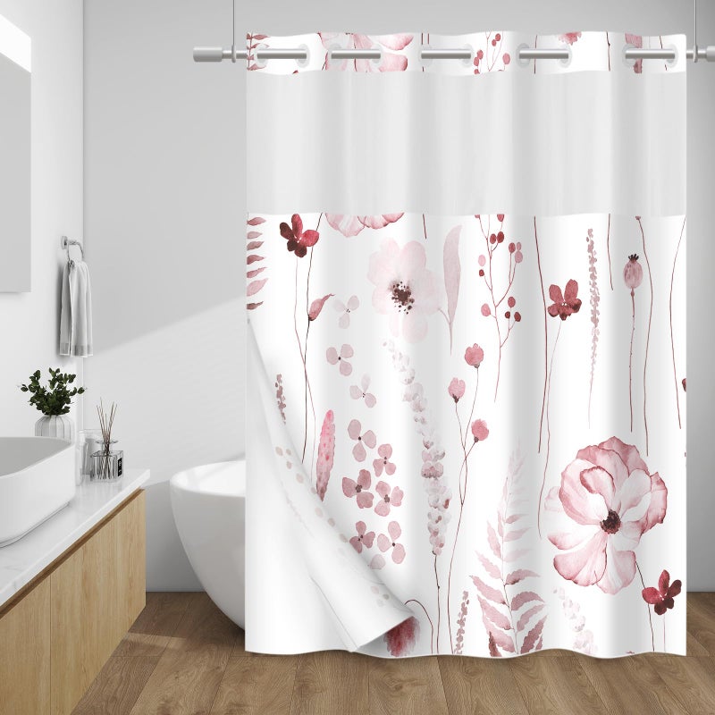WITHLOC No Hook Shower Curtain with Snap in Liner - Floral Shower Curtain - Fabric Waterproof Inner Liner, Plants Watercolor Burgundy Modern Cloth Shower Curtains - Machine Washable, 71 x 74 - Image 1