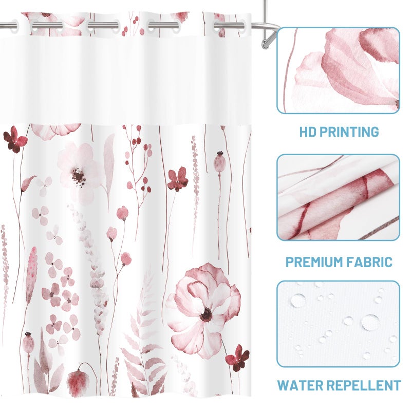 WITHLOC No Hook Shower Curtain with Snap in Liner - Floral Shower Curtain - Fabric Waterproof Inner Liner, Plants Watercolor Burgundy Modern Cloth Shower Curtains - Machine Washable, 71 x 74 - Image 4