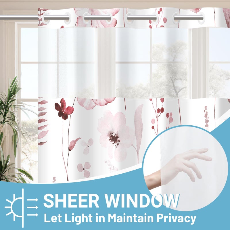 WITHLOC No Hook Shower Curtain with Snap in Liner - Floral Shower Curtain - Fabric Waterproof Inner Liner, Plants Watercolor Burgundy Modern Cloth Shower Curtains - Machine Washable, 71 x 74 - Image 2