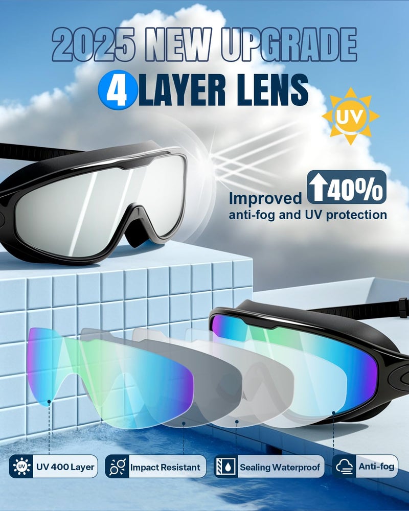 Rantizon Swim Goggles 2 Pack, Adjustable Wide View Anti Fog&UV Swimming Goggles for Audlt, No Leaking Swim Glasses for Men Women Youth, Aqua & Bright Silver - Image 3
