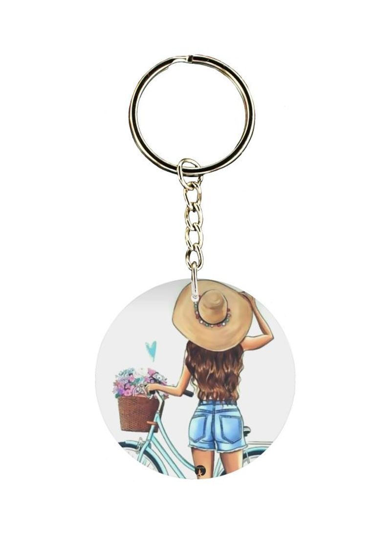 Girl With Cycle And Flower Printed Double Sided Keychain