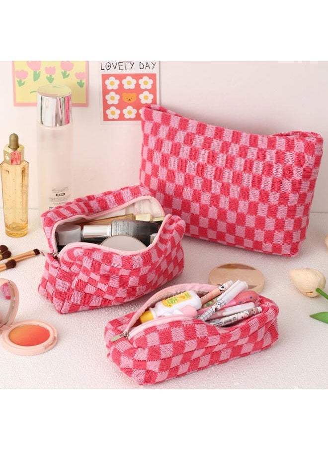 Lydztion - Large Capacity Makeup Bag Set - 3 Pieces Checkered Cosmetic Bag for Women Travel Makeup Bag Organizer Cute Makeup Brushes Storage Bag Travel Toiletry Bag Storage Bag for Women,Pink - Image 1