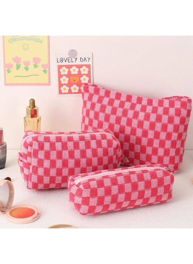 Lydztion - Large Capacity Makeup Bag Set - 3 Pieces Checkered Cosmetic Bag for Women Travel Makeup Bag Organizer Cute Makeup Brushes Storage Bag Travel Toiletry Bag Storage Bag for Women,Pink - Image 1