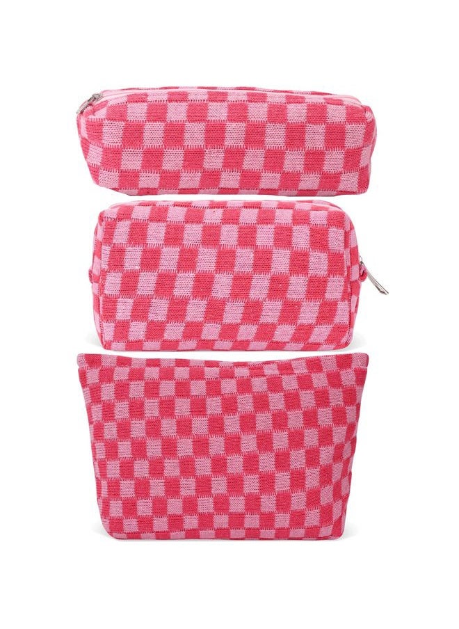 Lydztion - Large Capacity Makeup Bag Set - 3 Pieces Checkered Cosmetic Bag for Women Travel Makeup Bag Organizer Cute Makeup Brushes Storage Bag Travel Toiletry Bag Storage Bag for Women,Pink - Image 1