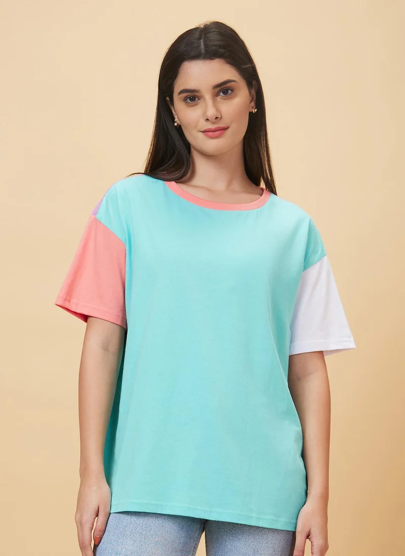globus Globus Women Colourblocked Pure Cotton Oversized Casual T-Shirt