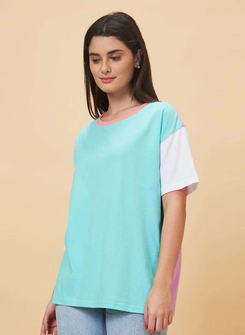 جلو باص تي شيرت قطني نسائي فضفاض بألوان متداخلة