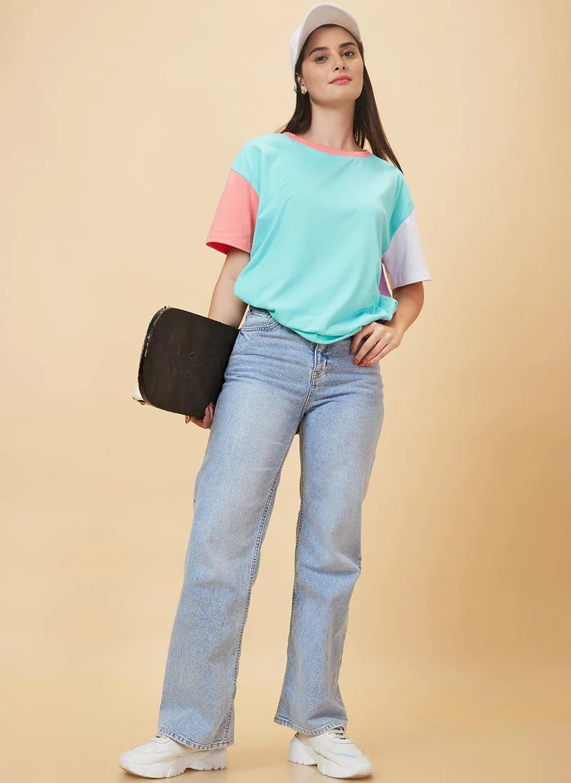 globus Globus Women Colourblocked Pure Cotton Oversized Casual T-Shirt