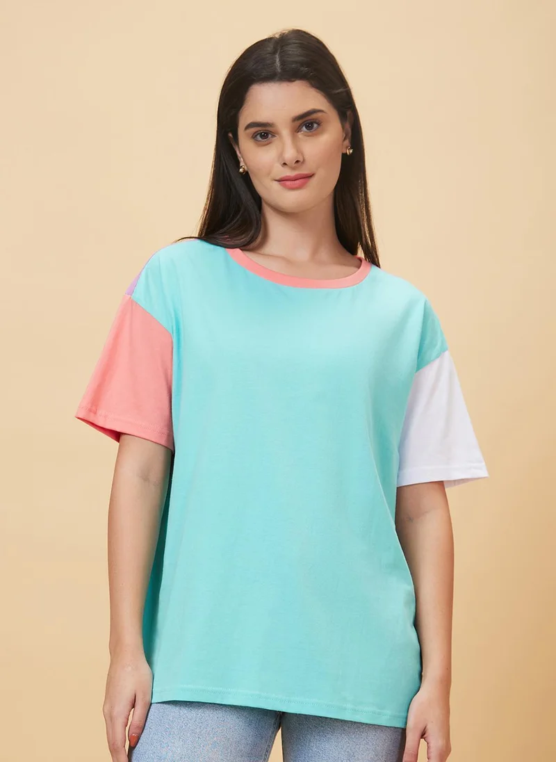 Globus Globus Women Colourblocked Pure Cotton Oversized Casual T-Shirt