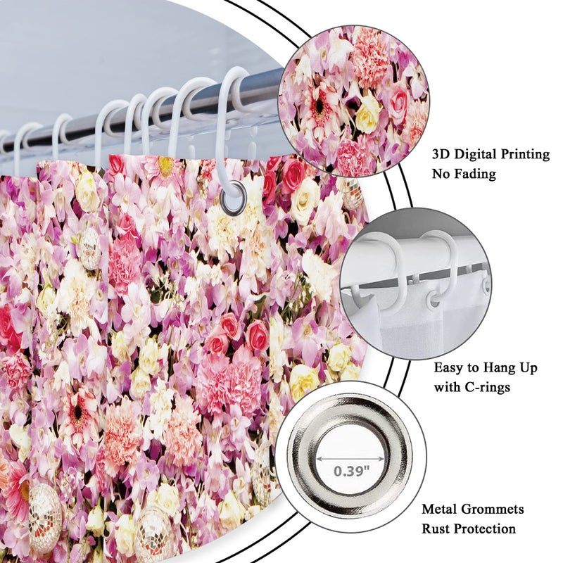 Riyidecor Pink Bridal Floral Shower Curtain for Bathroom 72Wx72H Inch Flower Rose Pattern Bath Set for Woman Girl Spring Nature Bathtub Accessories Fabric Panel Waterproof Plastic 12 Pack Hooks - Image 3