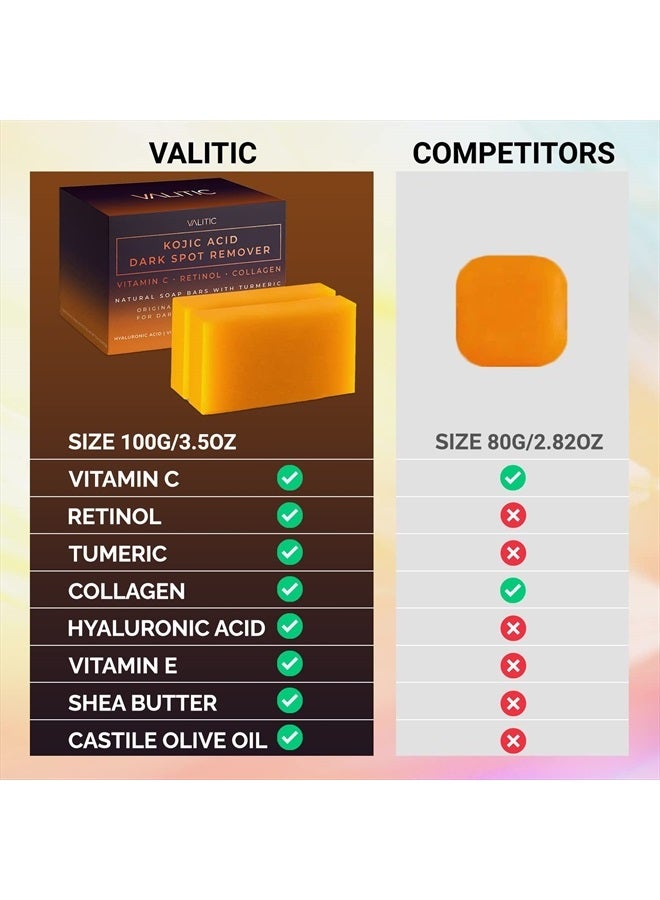 VALITIC Kojic Acid Dark Spot Remover Soap Bars with Vitamin C, Retinol, Collagen, Turmeric - Original Japanese Complex Infused with Hyaluronic Acid, Vitamin E, Shea Butter, Castile Olive Oil (2 Pack) - Image 4