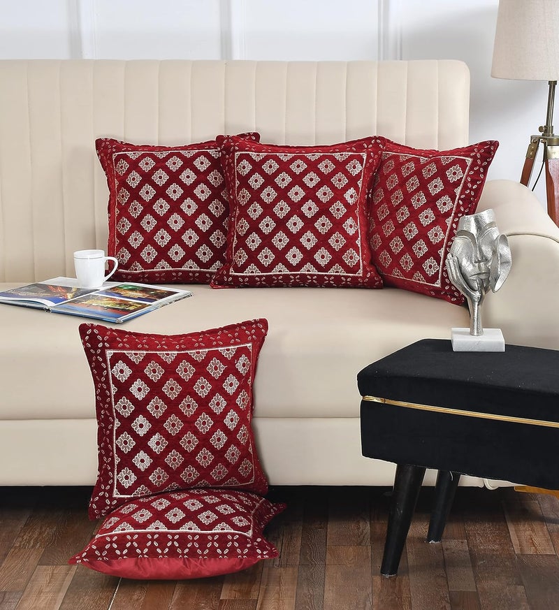 DECOMIZER Jacquard Geomteric Cushion Covers 16 Inch X 16 Inch Set Of 5 Ethnic Motifs 240 TC Cushion Covers,Design- Diamond,Color- Maroon - Image 1