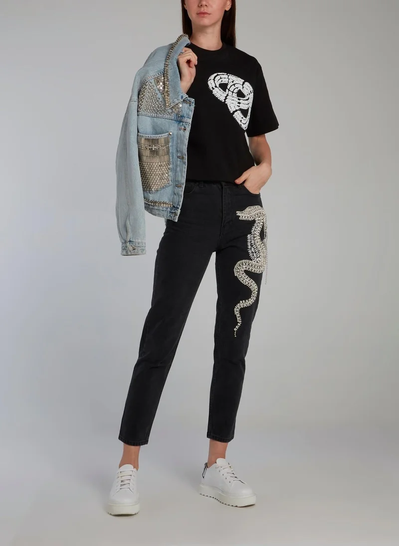 دالود تيشيرت أسود بطباعة ثلاثية الأبعاد بياقة دائرية