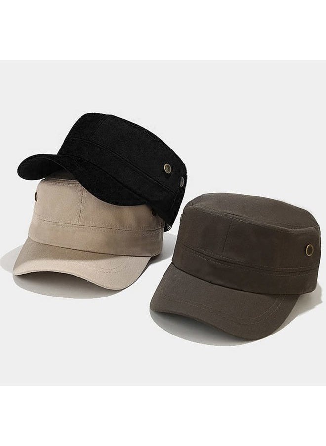 XYIYI - Beige Unisex Cadet Army Cap Basic Everyday Cotton Military Style Hat Flat Top Cap - Image 1