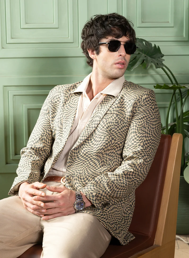 كامبوس سوترا Men Tailored Curved-Check Jacquard Blazer | Lapel Collar, Split-Button Set-In Sleeves | Button , Straight Hem | Geometric Jacquard Woven Fabric For Casual & Evening Wear | Multicolour