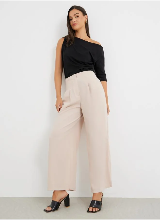 Styli Styli Solid High Rise Pleated Wide Leg Pants
