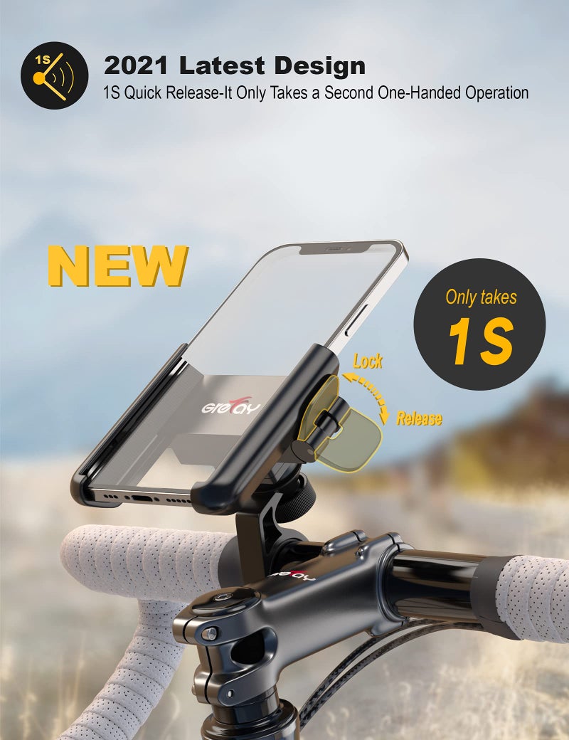 Grefay Bike Phone Mount Universal Motorcycle Handlebar Phone Holder 【1S Quick Release】 Anti Shake Bicycle Phone Clamp for Road Bike/MTB/Scooter with 360 Rotation for 3.5-7.0 inches Smartphone - Image 2