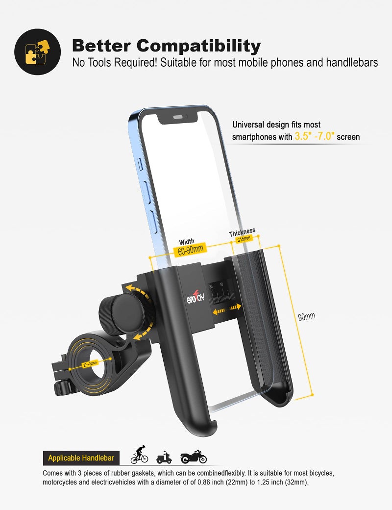 Grefay Bike Phone Mount Universal Motorcycle Handlebar Phone Holder 【1S Quick Release】 Anti Shake Bicycle Phone Clamp for Road Bike/MTB/Scooter with 360 Rotation for 3.5-7.0 inches Smartphone - Image 4