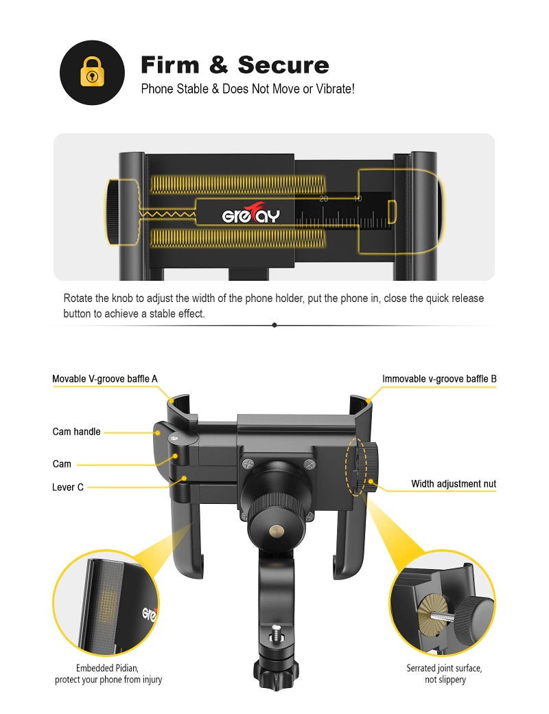 Grefay Bike Phone Mount Universal Motorcycle Handlebar Phone Holder 【1S Quick Release】 Anti Shake Bicycle Phone Clamp for Road Bike/MTB/Scooter with 360 Rotation for 3.5-7.0 inches Smartphone - Image 5