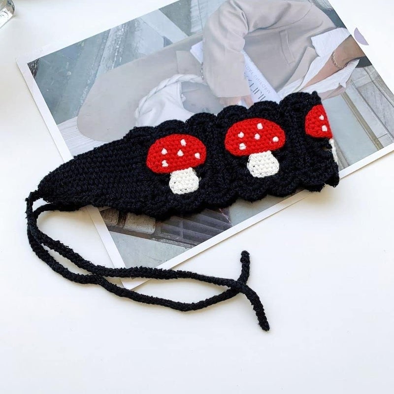 DPWOUM Black HairbandWomen Crochet Mushroom Pattern Hairband Crochet Bandana Head Kerchief ScarfFloral Bandanas for Women Fashion Headbands Accessories