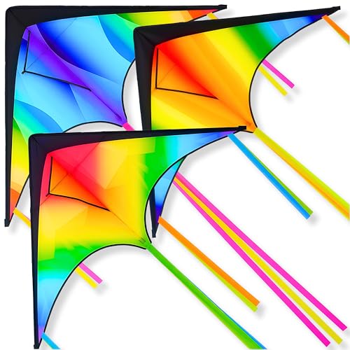 JOYIN 3 Pcs Large Delta Kite Gradient Rainbow Easy to Fly Huge for Kids and Adults with 328ft String Large Delta Beach Kite for Outdoor Games and Activities - Image 1