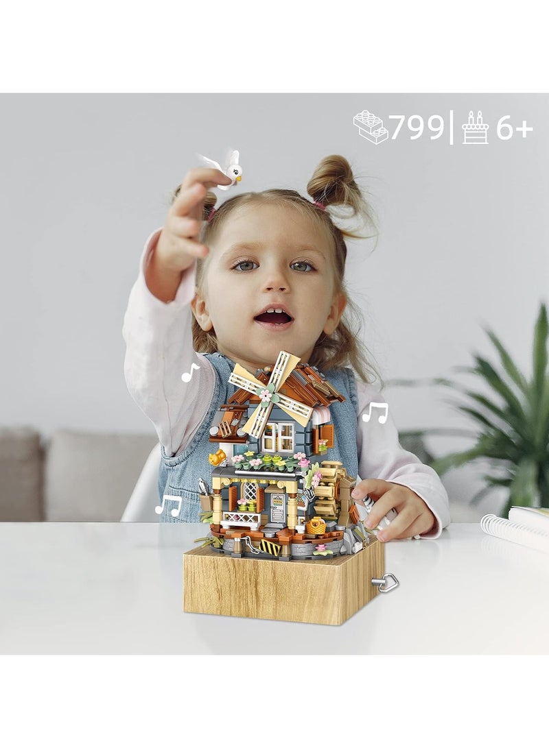 عام “مجموعة قطع بناء مصغرة صندوق موسيقي (799 قطعة)، موضوع صيفي بيت طاحونة الهواء، مناسبة لديكور المكتب، نافذة المنزل، هدية عيد ميلاد للأطفال والكبار” - Image 5