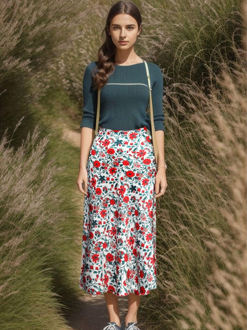 Keasmto Womens Floral Skirts Midi Length High Waist Silk Satin Elasticized A Line Summer Casual Boho Flower Skirt White Red Floral-02 L - Image 1