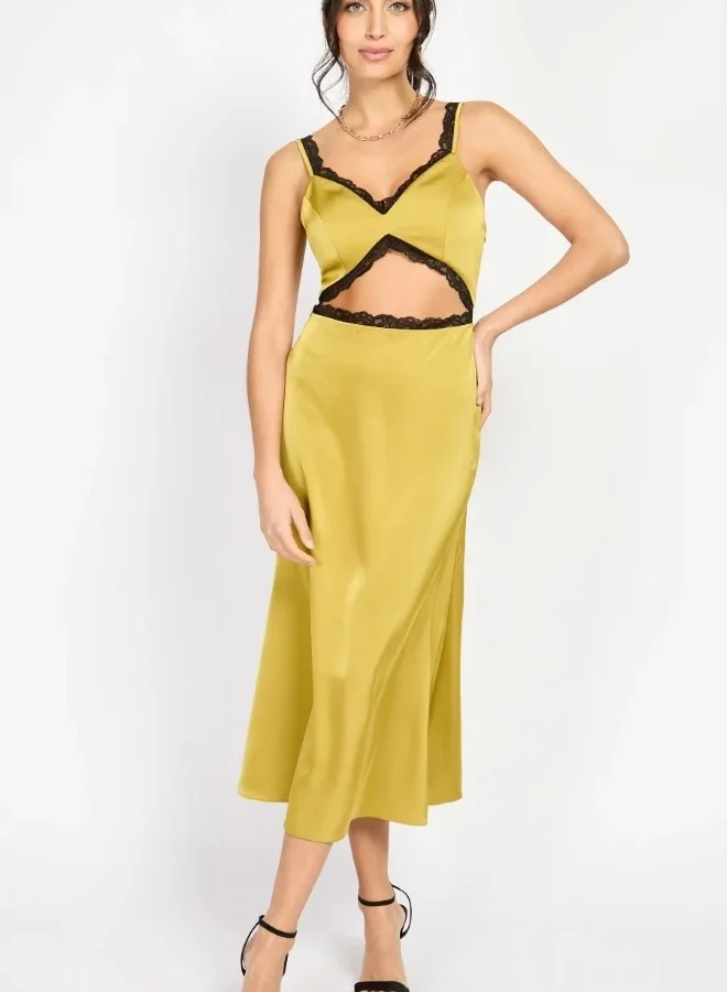 Little Mistress Olive Lace Trim Satin Midaxi