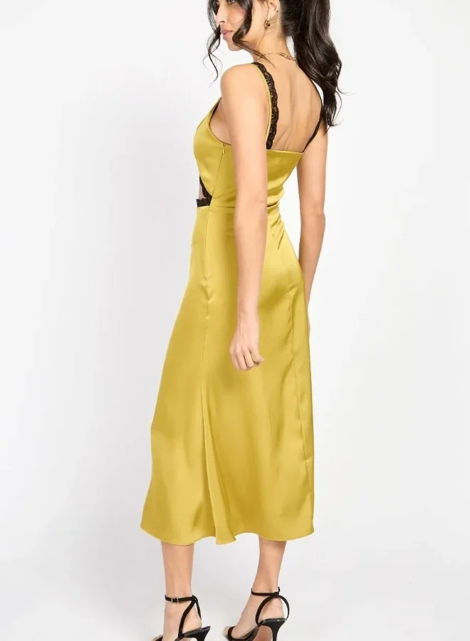 Little Mistress Olive Lace Trim Satin Midaxi