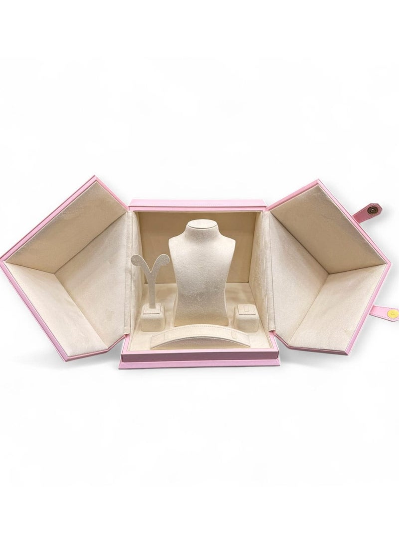 Al Seraj Luxury 4-in-1 Jewellery Organizer Box Set | Premium Pink Rexine Exterior with Beige Suede Interior | Necklace, Ring, Earring & Bracelet Display Case | Made in Dubai | Gift & Showroom Storage - Image 1